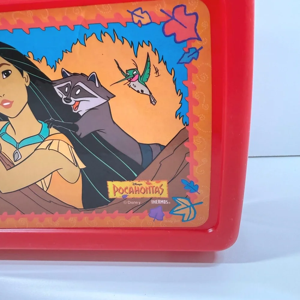 POCAHONTAS Vintage 1990s Disney Red Plastic Lunch Box Thermos Meeko Flit 90s Kid